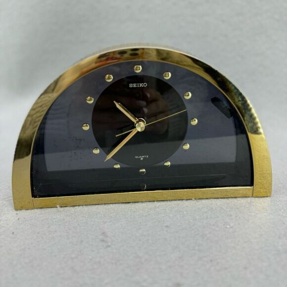 Seiko Quartz Half Moon Gold Tone Black Dial Mantle Clock - Picture 4 of 11